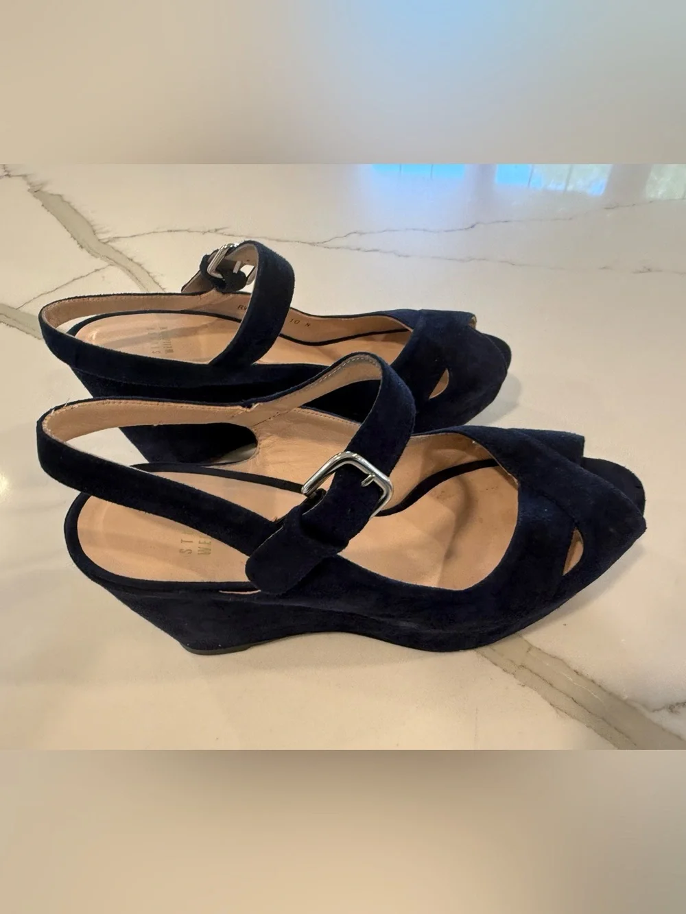 Stuart Weitzman Women’s Navy Suede Wedge Peep Toe Sandals with Ankle Strap 10